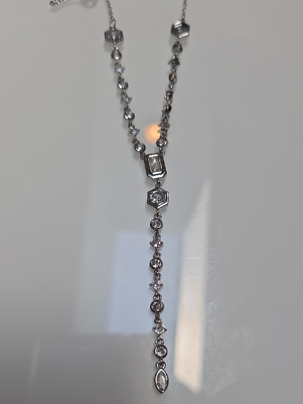 Sterling Silver Crystal Y-Drop Necklace - Silver